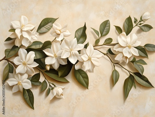 Artistic painting of white jasmine flowers on warm textured background with green leaves.
