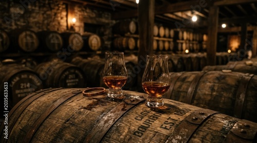 Whiskey glasses in barrel cellar, distillery alcohol drink, amber wood cask tasting, liquor spirits bourbon aging, luxury beverage