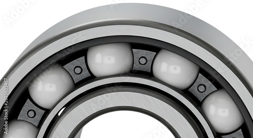 Close up of a precision industrial ball bearing with white ceramic balls and steel outer ring for mechanical engineering