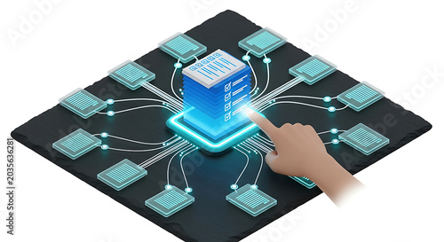 Digital hand touching a glowing central server connected to multiple document files on a dark isometric tech background