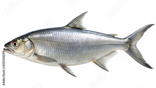 Close-up studio portrait of a single, healthy fish with striking red eyes and a sleek, silver body, isolated on a dark backdrop isolated on a transparent background