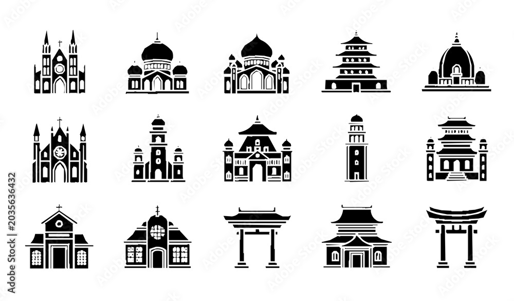 Fototapeta premium World Religious Architecture Outline and Silhouette Vector Collection