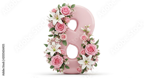 Number eight decorated with realistic pink roses and white lilies isolated on a white background for celebrations