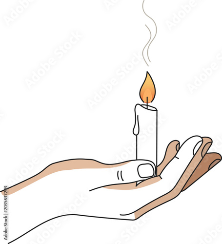 Hand holding a lit burning candle with melting wax and smoke vector