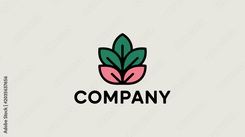 Fototapeta premium Minimalist company logo with green leaves and pink flower