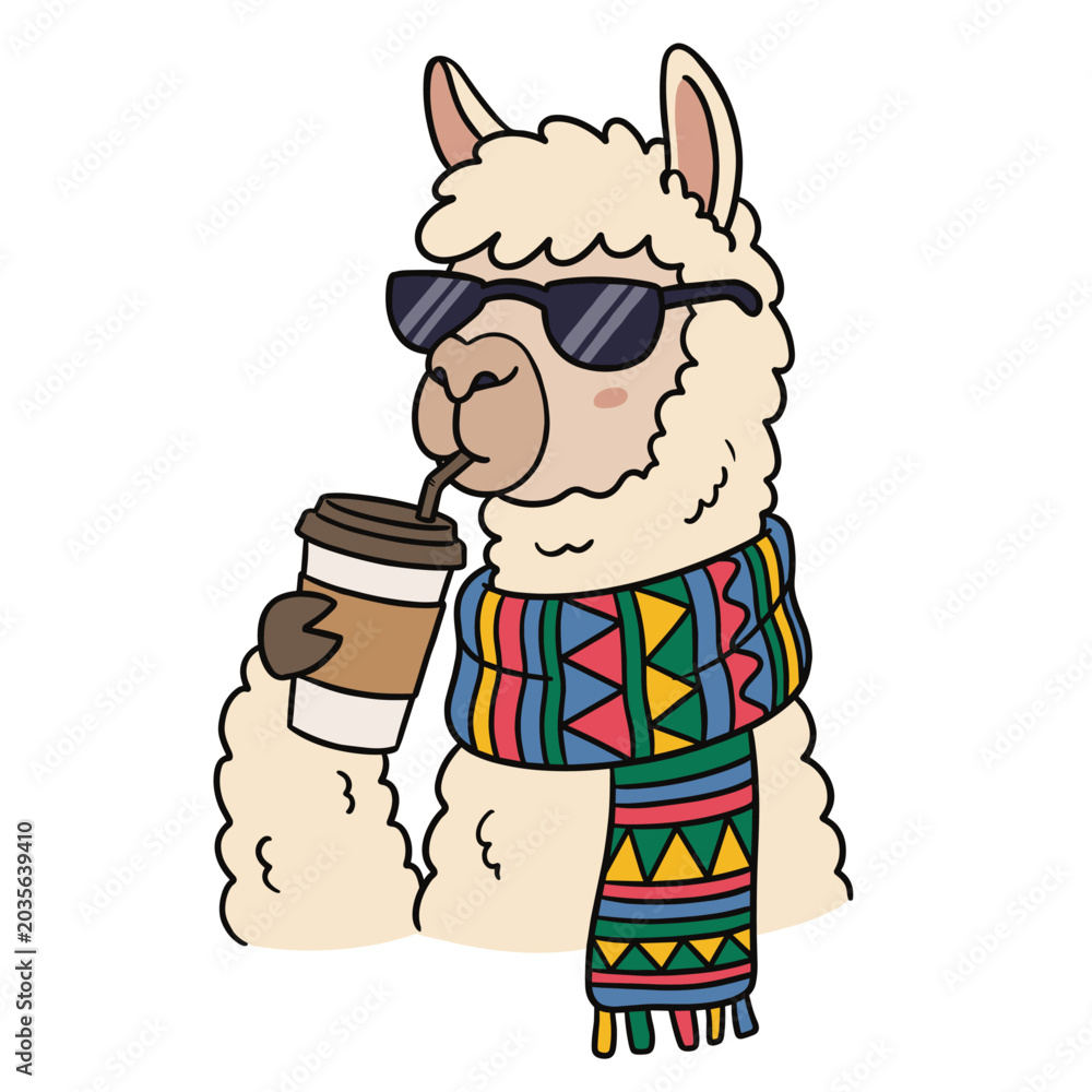 Naklejka premium Cool Hipster Llama Wearing Scarf and Drinking Coffee