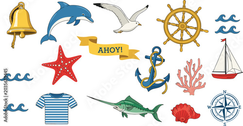 Tableau sur toile Nautical Vintage Clip Art Set with Sailing Boat, Anchor, Windrose Compass, Dolph