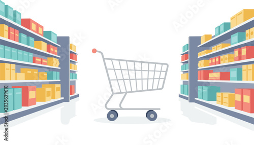 An empty shopping cart sits in the middle of a brightly colored supermarket aisle with shelves full of boxed goods.