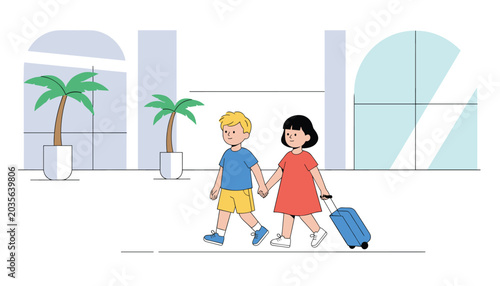 Two young children walk hand in hand through a bright airport terminal while pulling a blue suitcase for their journey.