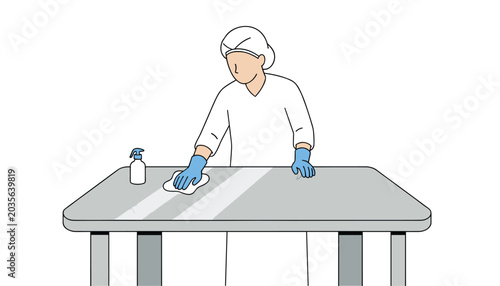 A worker wearing blue gloves and a white uniform sanitizes a large grey table with a spray bottle and cloth.