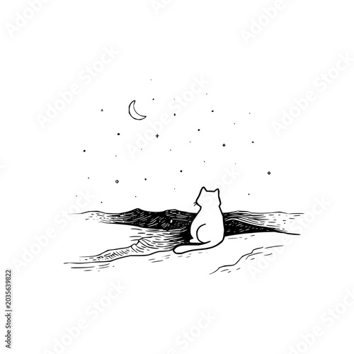 Simple black and white sketch of a cat observing a crescent moon in a starry night sky