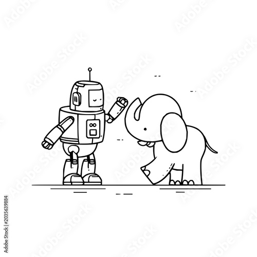 Cute line art illustration of a small friendly robot interacting with a baby elephant