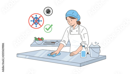 A professional female chef in a white uniform and blue hat sanitizes a kitchen counter while hygiene icons appear above.