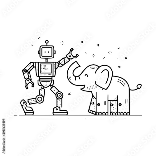 Blocky robot walking with a mechanical elephant in a black and white outline illustration