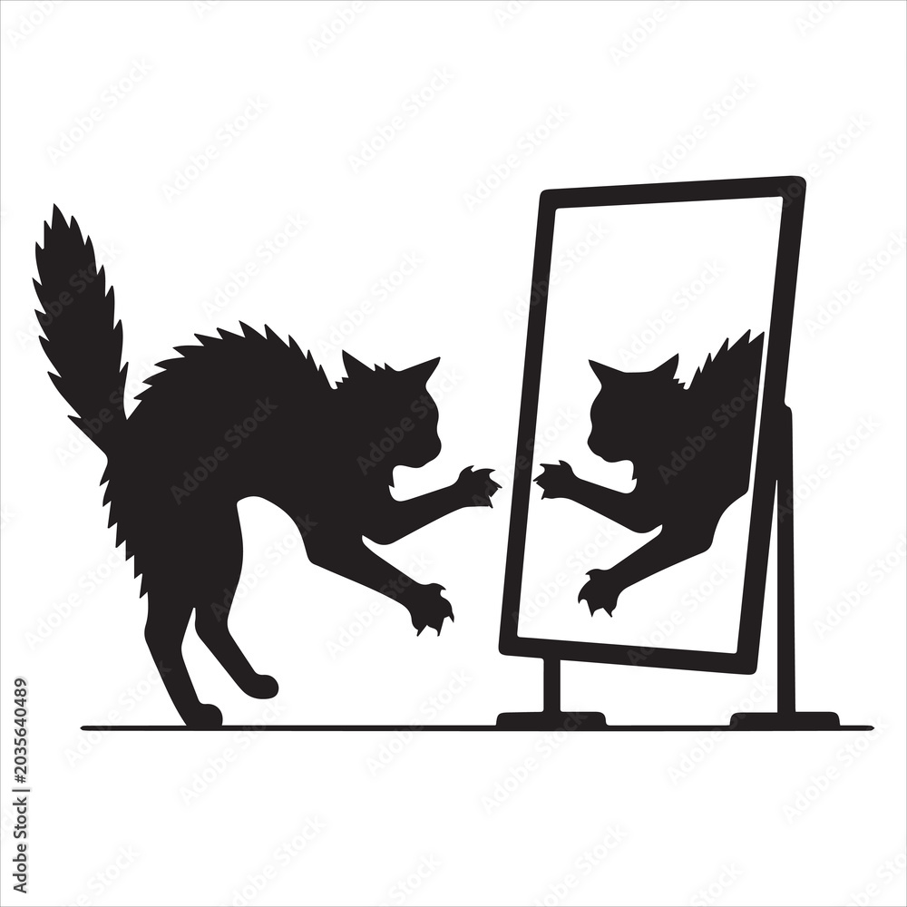 Fototapeta premium Minimal Cat Mirror Reflection Scene Showing Humorous Pet Behavior Silhouette