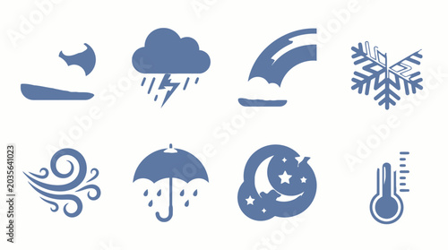 Bild auf Leinwand Meteorological weather icons collection with blue silhouette symbols for climate forecast