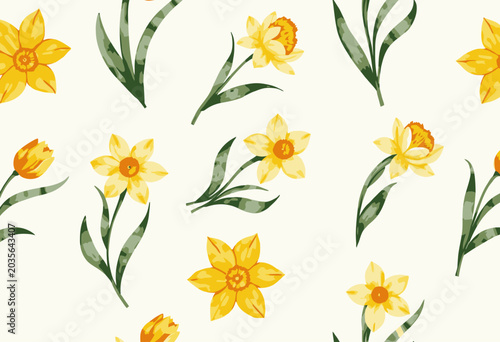 Seamless Watercolor Daffodil and Tulip Pattern with Green Leaves on Cream Background