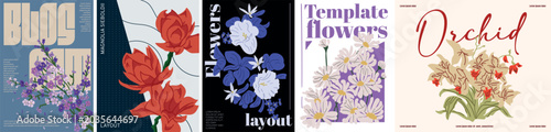 Modern floral poster templates collection with abstract botanical vector illustrations