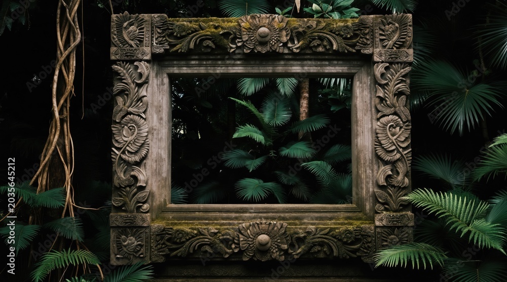 Obraz premium Ornate stone frame rests in rich jungle foliage. Ancient carvings show birds, flowers. Empty space offers copy area for travel adventure or exotic themes.