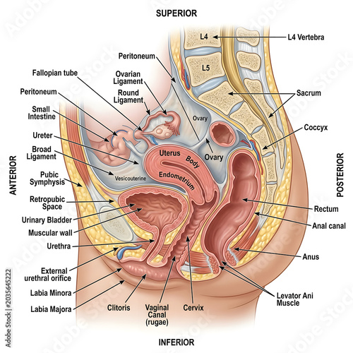 Sagittal anatomical view of the female pelvic organs and reproductive system with medicine