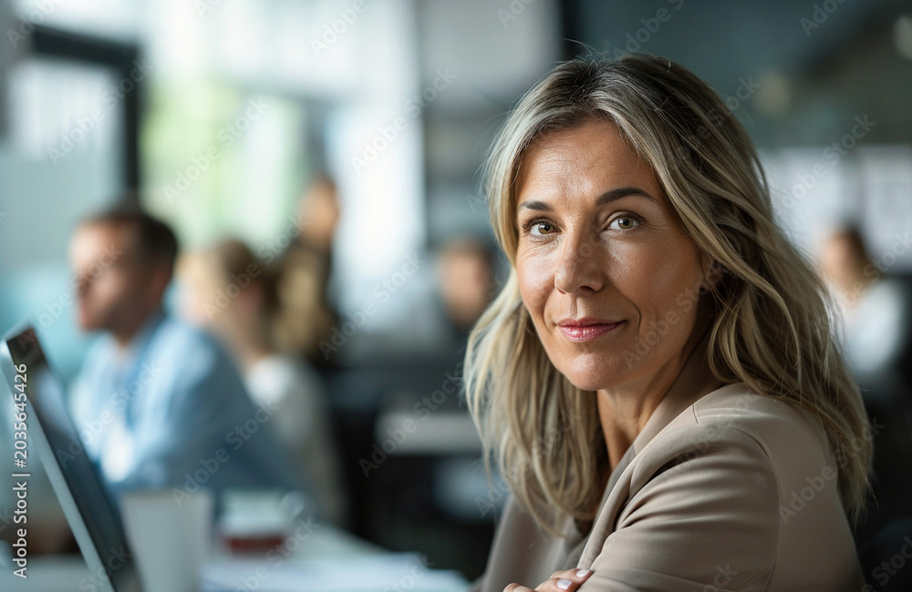 Fototapeta premium Experienced Businesswoman Portrait in Modern Office Looking at Camera, confident successful middle aged woman with computer