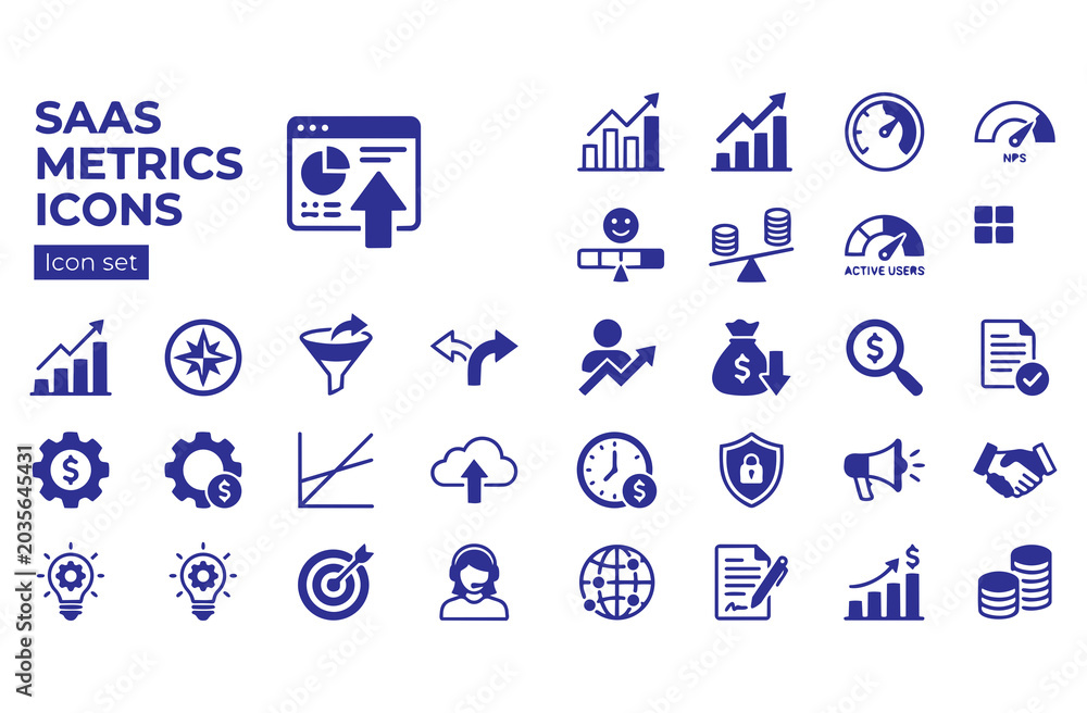 Fototapeta premium SaaS Business Metrics Icon Set MRR ARR Churn Rate NPS Score LTV CAC Ratio DAU MAU Cohort Retention North Star Funnel Conversion AB Test Vector