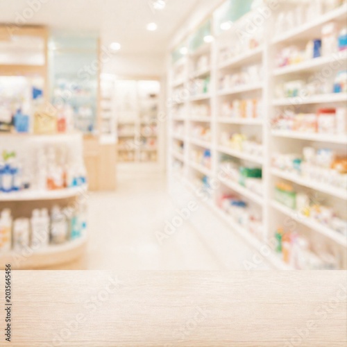 Blurred Pharmacy Store Interior with Wooden Counter Background