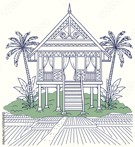 Tropical wooden stilt house line art illustration with palm trees