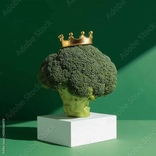 A broccoli head wearing a golden crown, sitting on a white pedestal against a dark green background