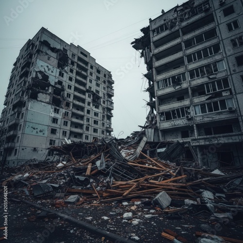 Destroyed apartment buildings after conflict, rubble and debris in foreground.