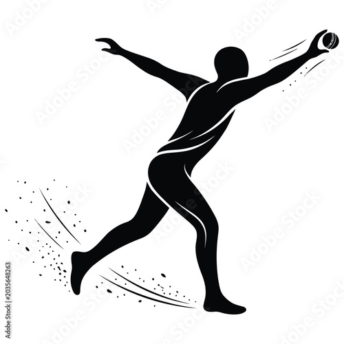 Dynamic black silhouette of a cricket player fielding isolated on white background