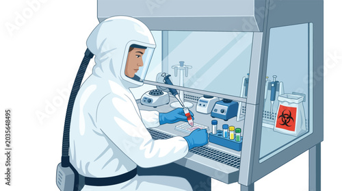 Scientist in protective suit working with samples in a laboratory biosafety cabinet