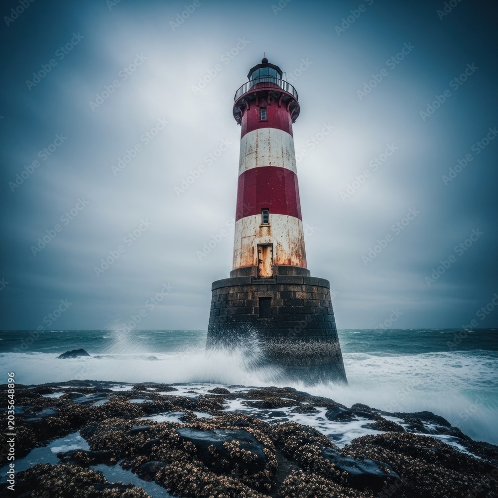 Obraz premium Dramatic Lighthouse Standing Tall Against Crashing Waves and Stormy Skies.