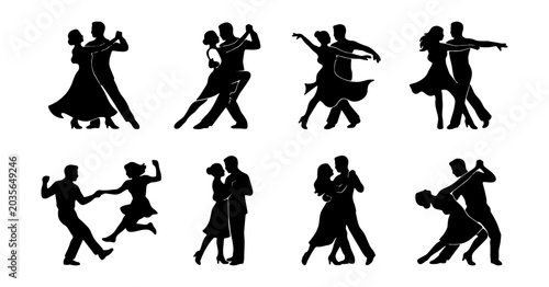 Photos Dynamic couple dancing silhouettes, elegant ballroom dance poses, black vector c