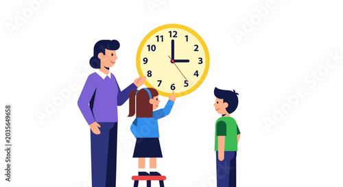 Tableau sur toile Family Learning Time Management, Teaching Kids Clock, White Background