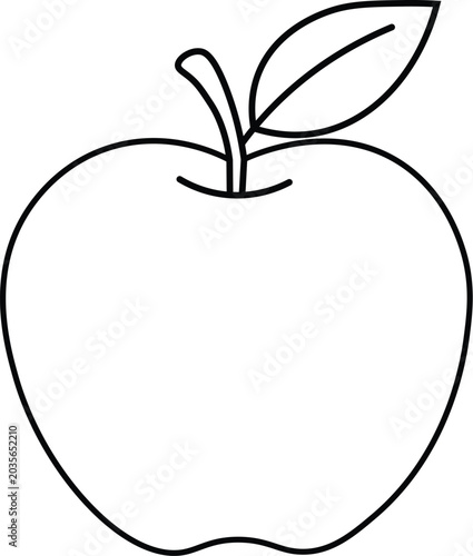 A black line drawing of an apple with a leaf on top isolated on white background