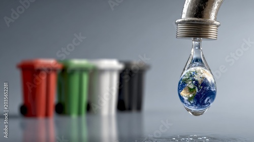 A water droplet hangs from a faucet, revealing a tiny Earth inside. Behind it, colorful trash bins represent waste management. This image highlights environmental awareness and sustainability. AI