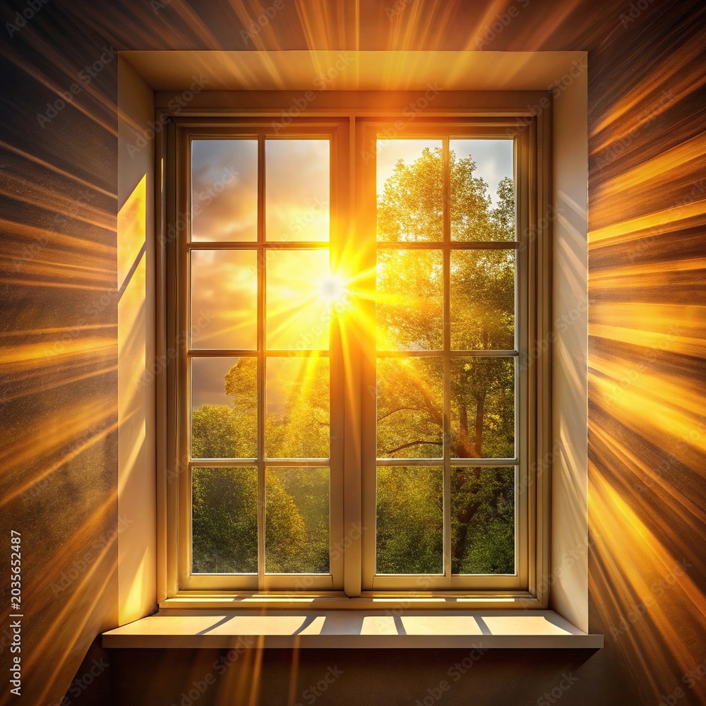 Fototapeta premium Bright sunlight streaming through window interior view of lush green trees