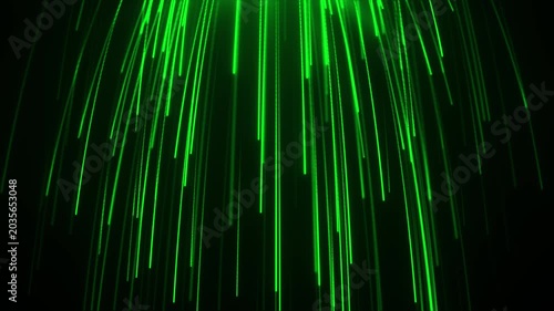 Green glowing vertical light streams with digital data flow effect on dark background, abstract technology animation in 4k