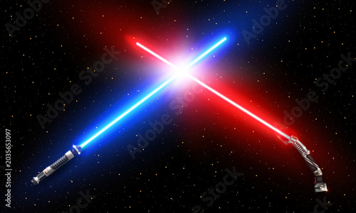 Bild auf Leinwand New realistic design red and cyan crossed neon swords on starry black sky background