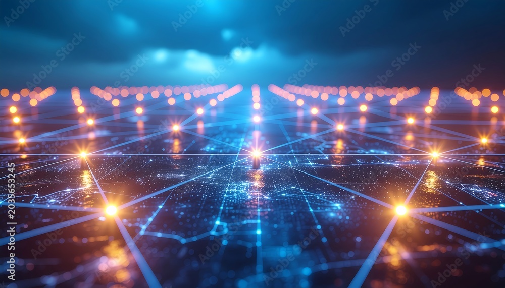 Fototapeta premium Abstract Digital Network Connection with Glowing Nodes and Data Lines.