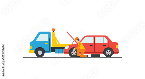 Schilderij op canvas Car Tow Truck Mechanic Repairing Red Car Breakdown Service