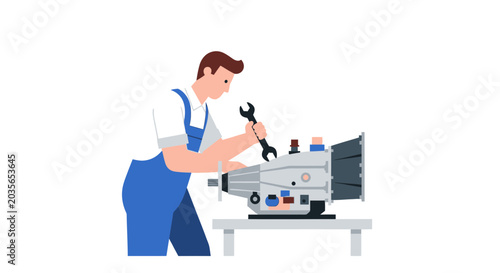 Tableau sur toile Mechanic fixing car transmission with wrench, workshop illustration
