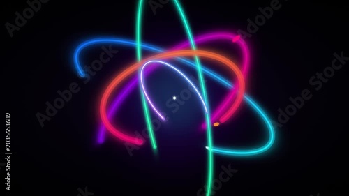 Vibrant neon lights swirl around a central point in a dark space with glowing lines.