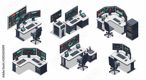 Foto Set of isometric workstations with multiple computer monitors displaying charts and data, representing a control room or trading desk