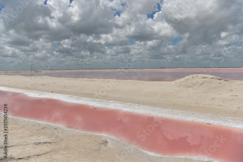 Pink salt pools winding through sandy terrain