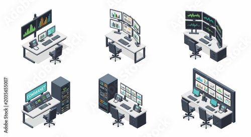 Modern trading room setup with multiple computer monitors displaying financial charts and data.