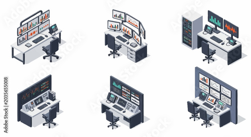 Set of isometric illustrations depicting various control rooms with multiple monitors and computers, symbolizing data analysis and monitoring.