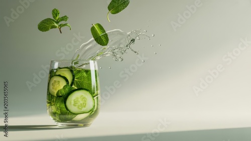 Cucumber slices in a glass with water splash