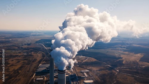 A power plant smokestack releases large amounts of white steam into the bright sky. The plant is set in a rural area with vast open land and visible water in the distance